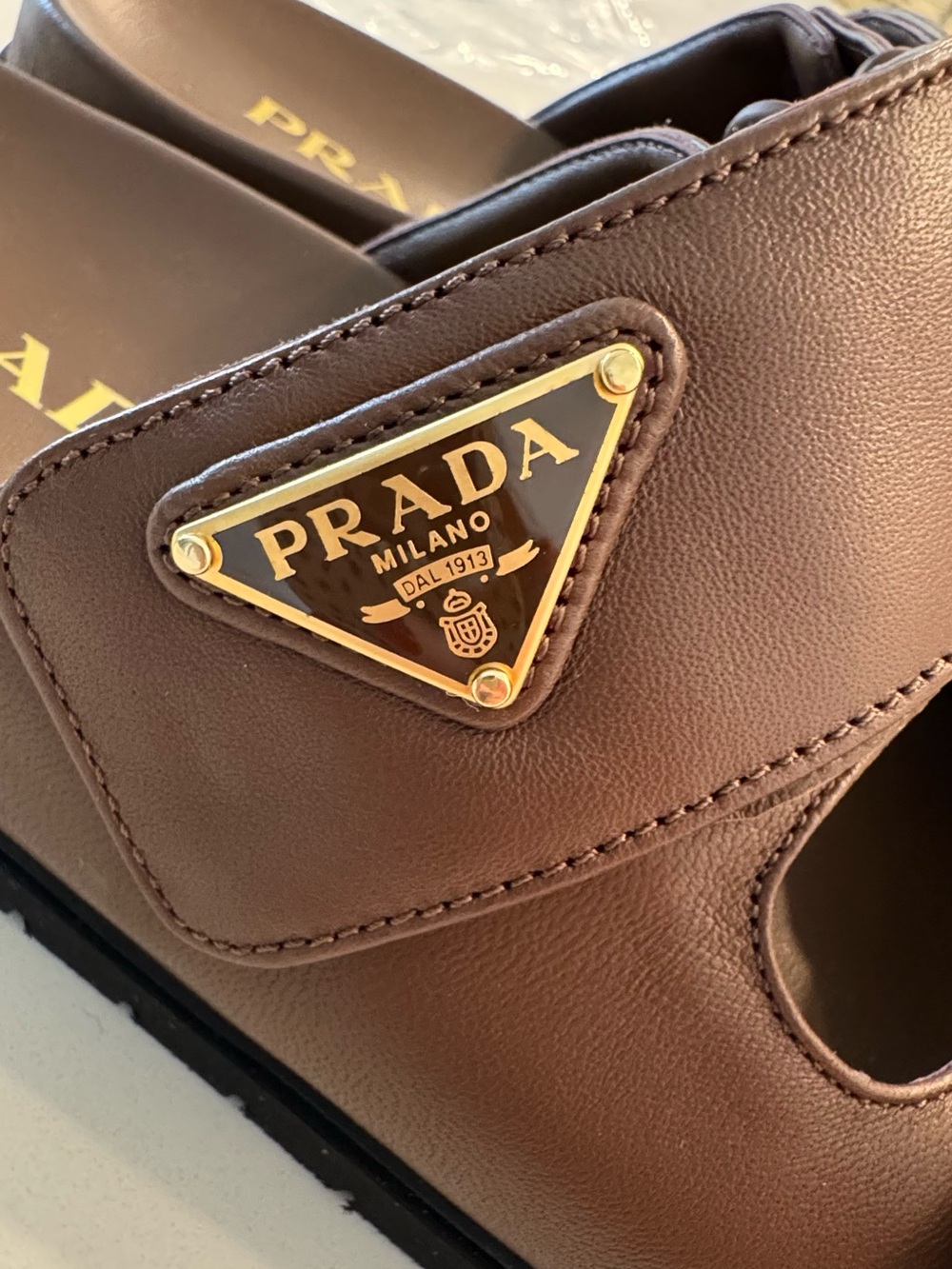 Women’s Luxury Prada Brown Leather Dual-Strap Slide Sandal with Gold Logo - Picture 10 of 14